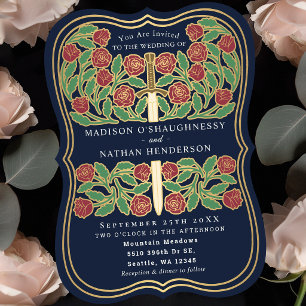 Invitación Espada Floral Medieval Azul Real Boda