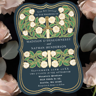 Invitación Espada Floral Medieval Real Blanca Gris Bodas