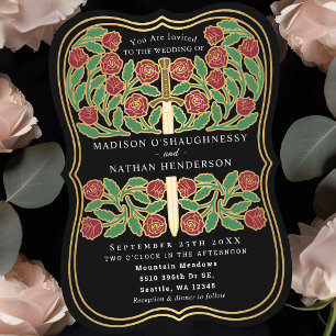 Invitación Espada Floral Medieval Real Negra Boda