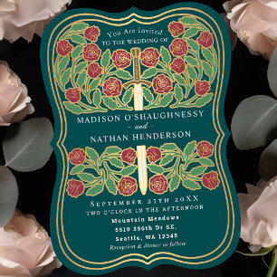 Invitación Espada floral medieval real teal boda