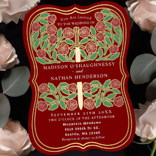 Invitación Espada Floral Medieval Royal Escarlata Boda