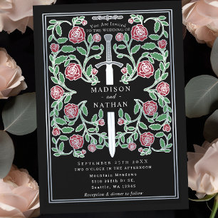Invitación Espada Floral Negra de Plata Medieval Fantasía Bod