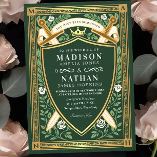 Invitación Espada Floral Verde Fantasía Escudo Monograma Boda
