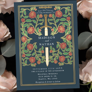 Invitación Espada gris floral fantasía medieval boda