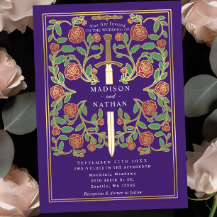 Invitación Espada Púrpura Floral Fantasía Medieval Boda