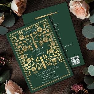 Invitación Espada Real Medieval Dorada Verde Código QR Boda