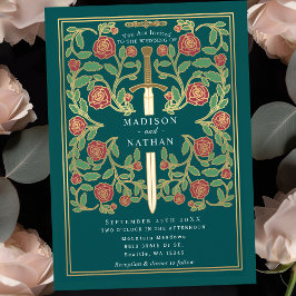 Invitación Espada Verde Floral Fantasía Medieval Boda