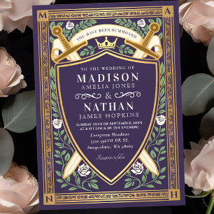 Invitación Espadas Florales de Fantasía Escudo Monograma Boda