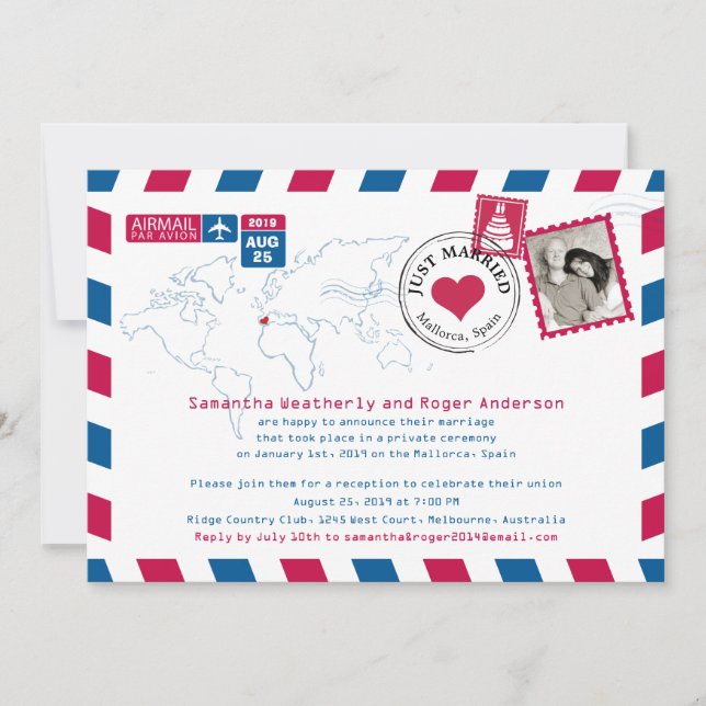 Invitación España Recepción de Boda por Correo Aéreo (Anverso)