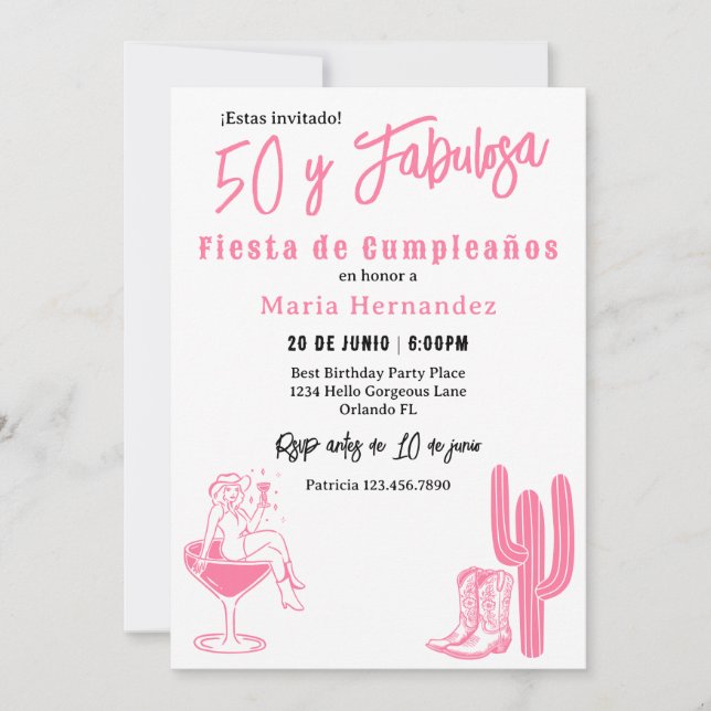 Invitación Español 50 y Fabulosa Western Fiesta 50 cumpleaños (Anverso)
