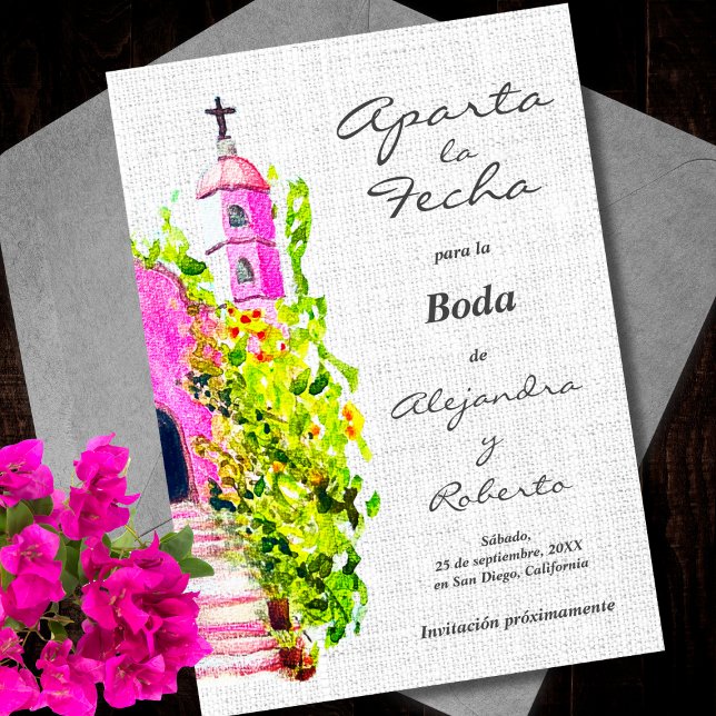 Invitación Español, acuarela Boda de capilla rosa fecha de ah (Subido por el creador)