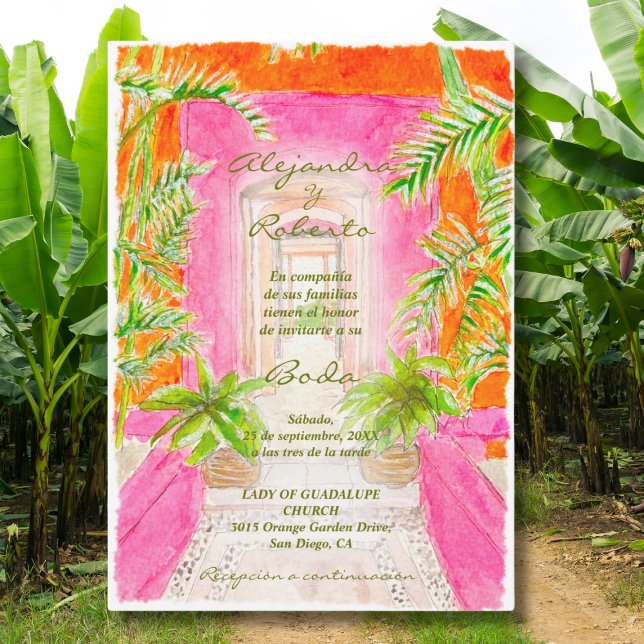 Invitación Español, acuarela Boda mexicano rosa tropical (Subido por el creador)