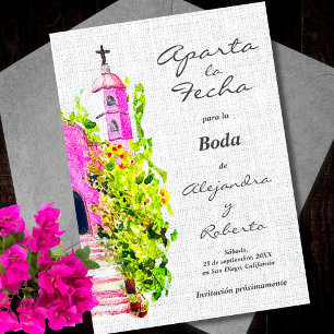 Invitación Español, Acuarela Capilla Rosa Boda Guardar Fecha