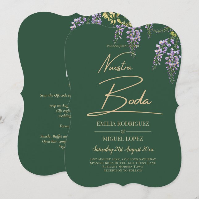 Invitación Español All-in1 WISTERIA Gold Text Green BODA Invi (Anverso / Reverso)