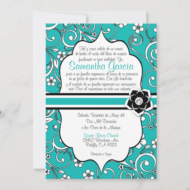 Invitación Español azul y negro Quinceañera (Anverso)