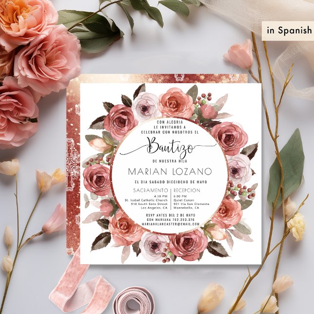 Invitación Español, bautismo, floral de oro Rosa (Subido por el creador)