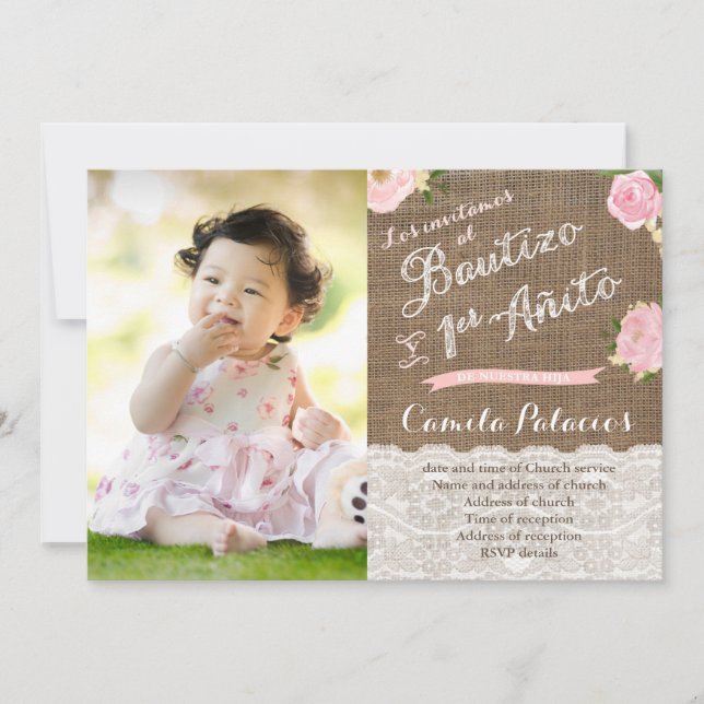 Invitación Español Bautizo Cumple Baptism 1er cumpleaños Foto (Anverso)