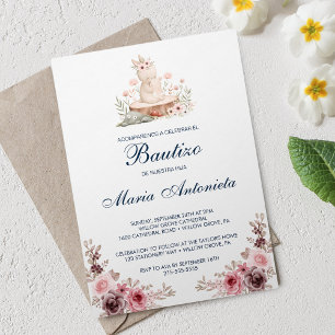 Invitación Español Bautizo De Niña Floral Bunny Baby