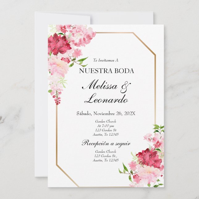 Invitación Español boda floral rosa y rojo (Anverso)