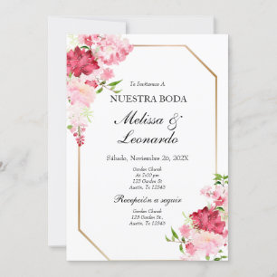 Invitación Español boda floral rosa y rojo