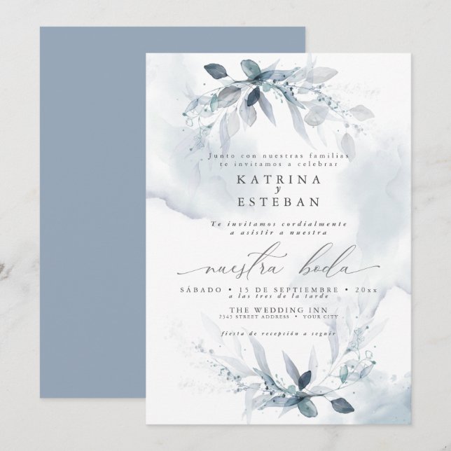 Invitación Español Boda Rustic Dusty Blue Foliage (Anverso / Reverso)