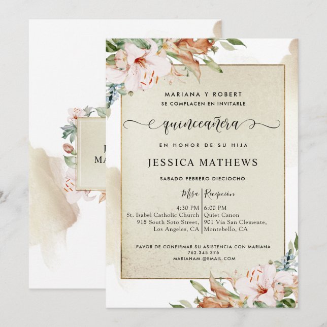 Invitación Español, Champagne y Rubor Quinceañera Floral (Anverso / Reverso)