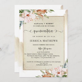 Invitación Español, Champagne y Rubor Quinceañera Floral