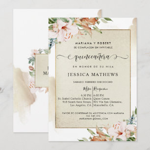 Invitación Español, Champagne y Rubor Quinceañera Floral