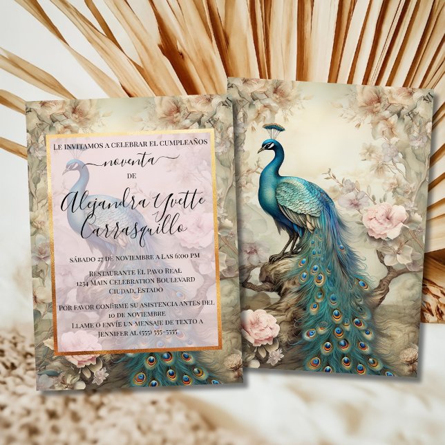 Invitación Español Elegante Blue & Gold Peacock 90 cumpleaños (Subido por el creador)