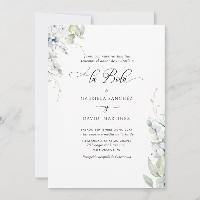 Invitación Español, elegante Boda floral blanco y azul (Anverso)