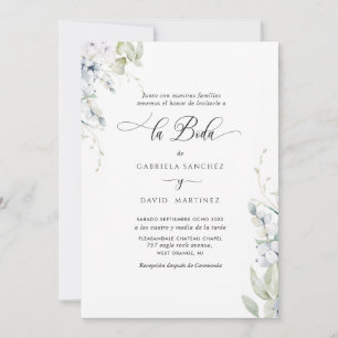 Invitación Español, elegante Boda floral blanco y azul