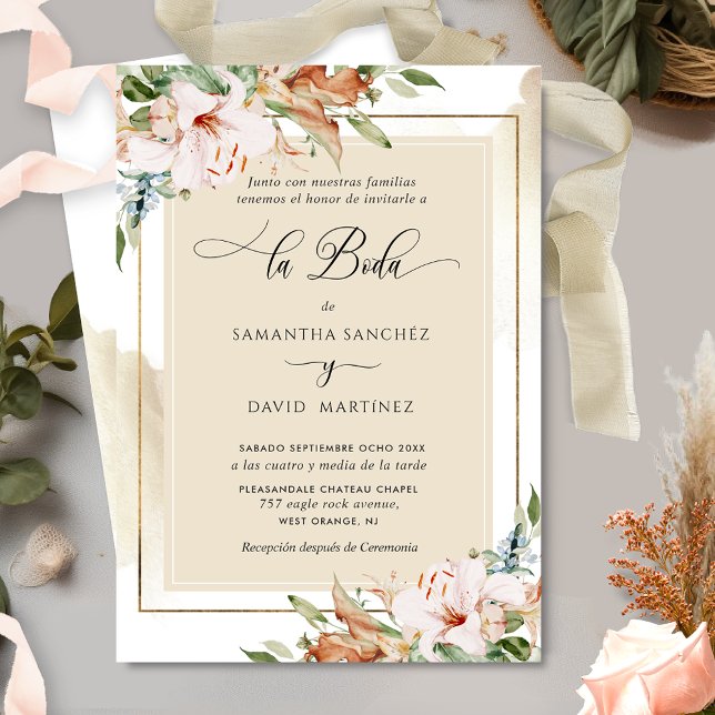 Invitación Español, elegante Boda floral de Rubor Terracotta  (Subido por el creador)