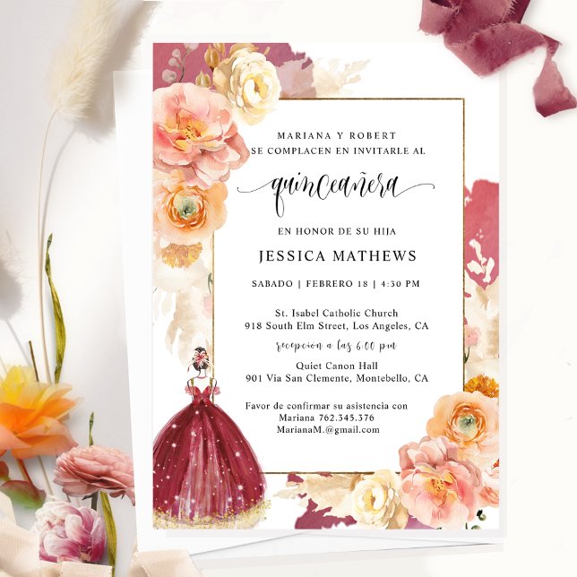 Invitación Español, elegante borgoña floral Quinceañera (Subido por el creador)