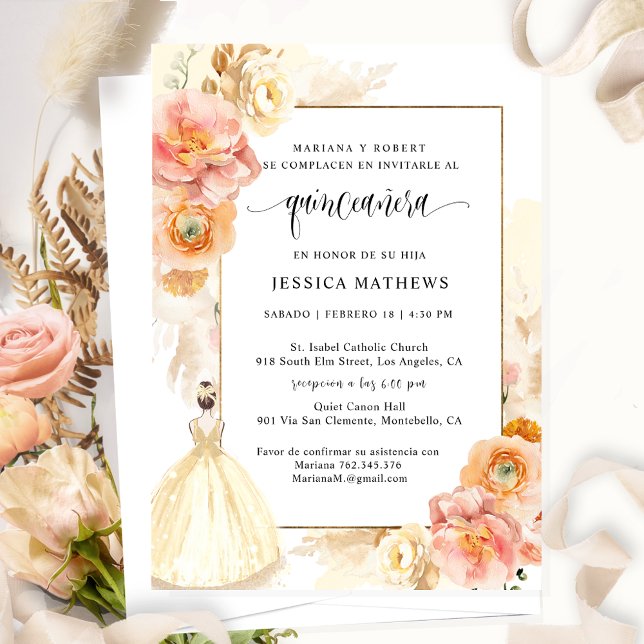 Invitación Español, elegante champagne Floral Quinceañera (Subido por el creador)