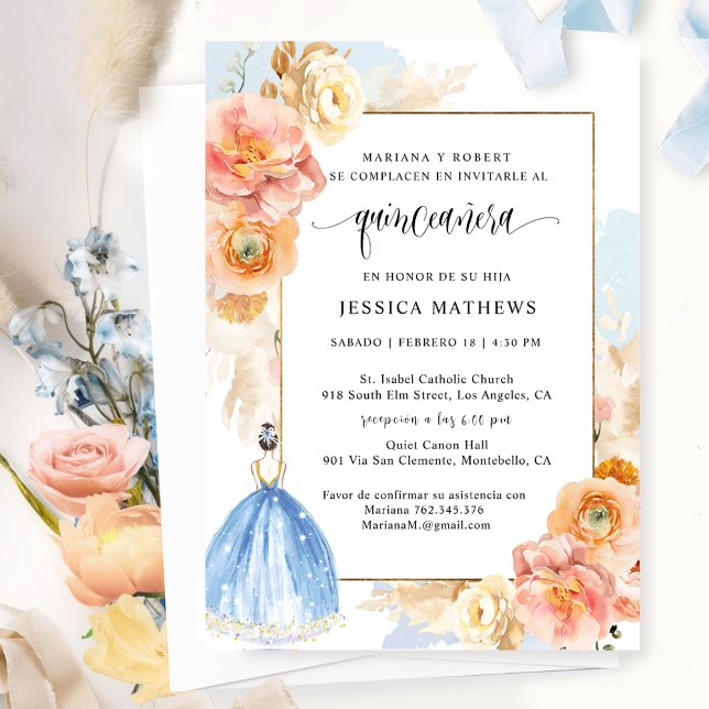 Invitación Español, elegante floral azul claro Quinceañera (Subido por el creador)