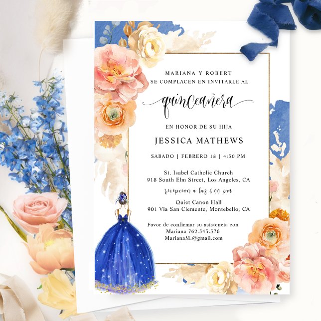 Invitación Español, elegante floral azul real Quinceañera (Subido por el creador)