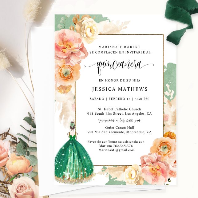 Invitación Español, elegante floral verde oscuro Quinceañera (Subido por el creador)