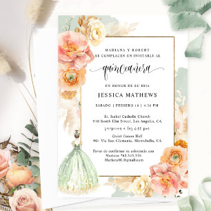 Invitación Español, Elegante Floral Verde Sabrosa Quinceañera