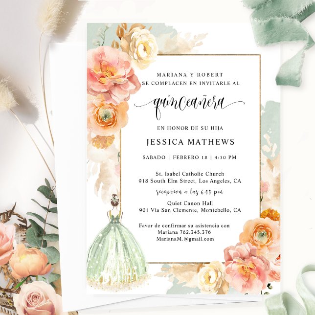 Invitación Español, Elegante Floral Verde Sabrosa Quinceañera (Subido por el creador)