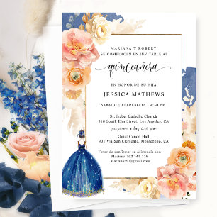 Invitación Español, elegante Marina Floral Azul Quinceañera