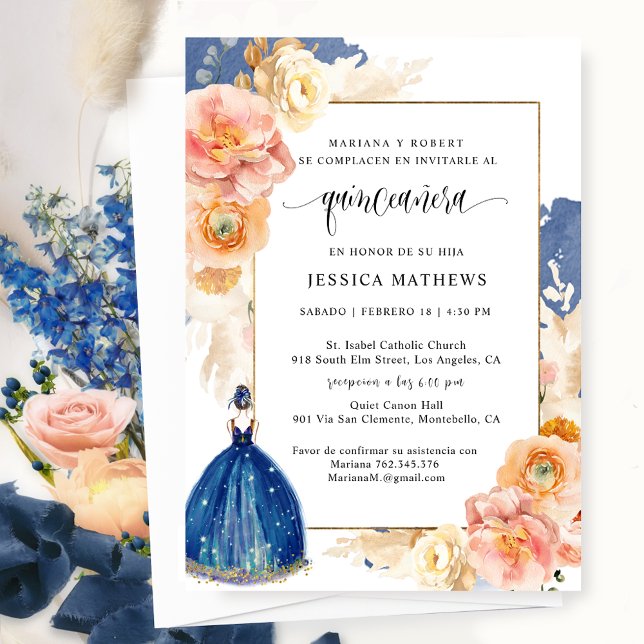 Invitación Español, elegante Marina Floral Azul Quinceañera (Subido por el creador)