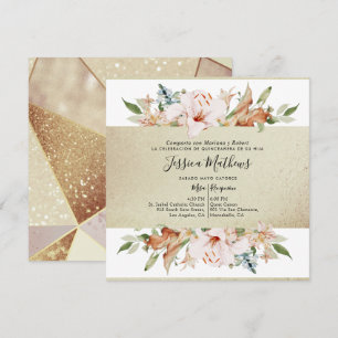 Invitación Español, Elegante Oro Champagne Floral Quinceañera