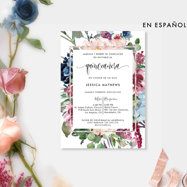 Invitación Español, elegante pastel floral Quinceañera (Subido por el creador)