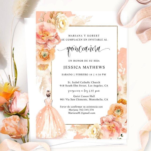 Invitación Español, elegante Quinceañera Floral de Peach (Subido por el creador)
