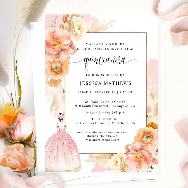 Invitación Español, elegante quinceañera floral rosa (Subido por el creador)