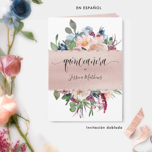 Invitación Español, elegante Rosa dorado plegado Quinceañera (Subido por el creador)