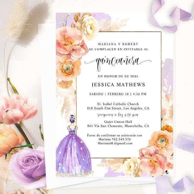 Invitación Español, elegantemente floral púrpura Quinceañera (Subido por el creador)