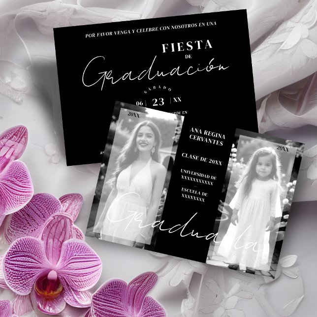 Invitación Español entonces ahora blanco negro mínimo 2 fotos (Spanish Chic Then & Now Minimal Black & White 2 Photos Graduation Invitation with Envelope.)