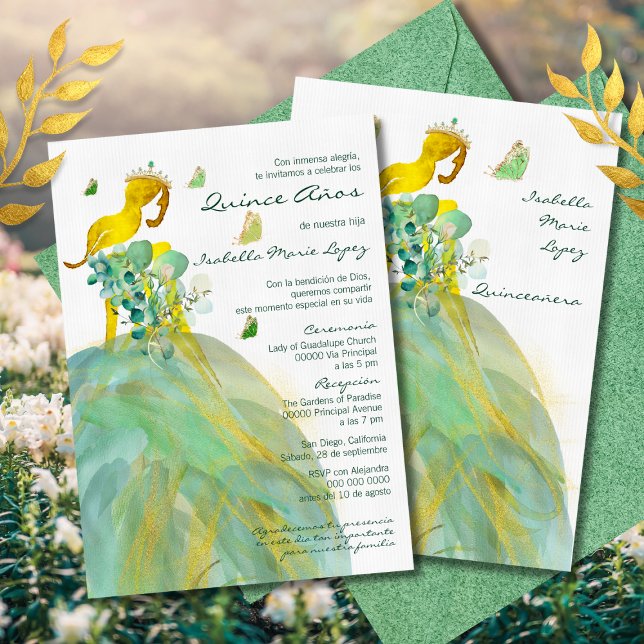 Invitación Español, floral verde esmeralda Dorada Quinceañera (Subido por el creador)