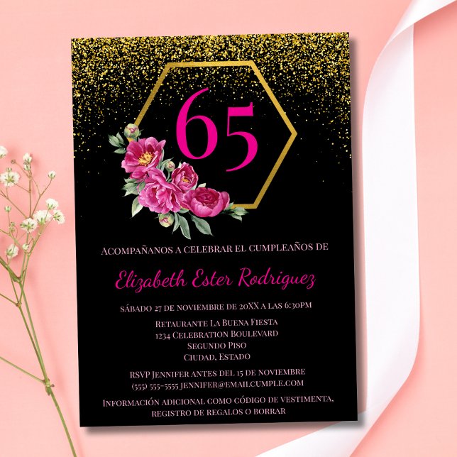 Invitación Español Glamoroso Rosa Negro 65 cumpleaños (Subido por el creador)